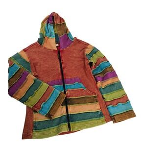 Rising International Patchwork Hoodie Jacket Orange Multi Color Zip Up Women's M